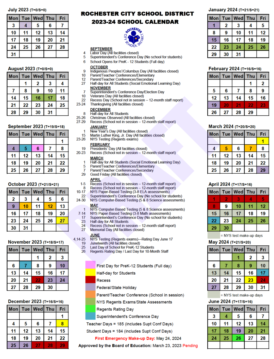 2023 2024 School Calendar Draft rochesterteachers org